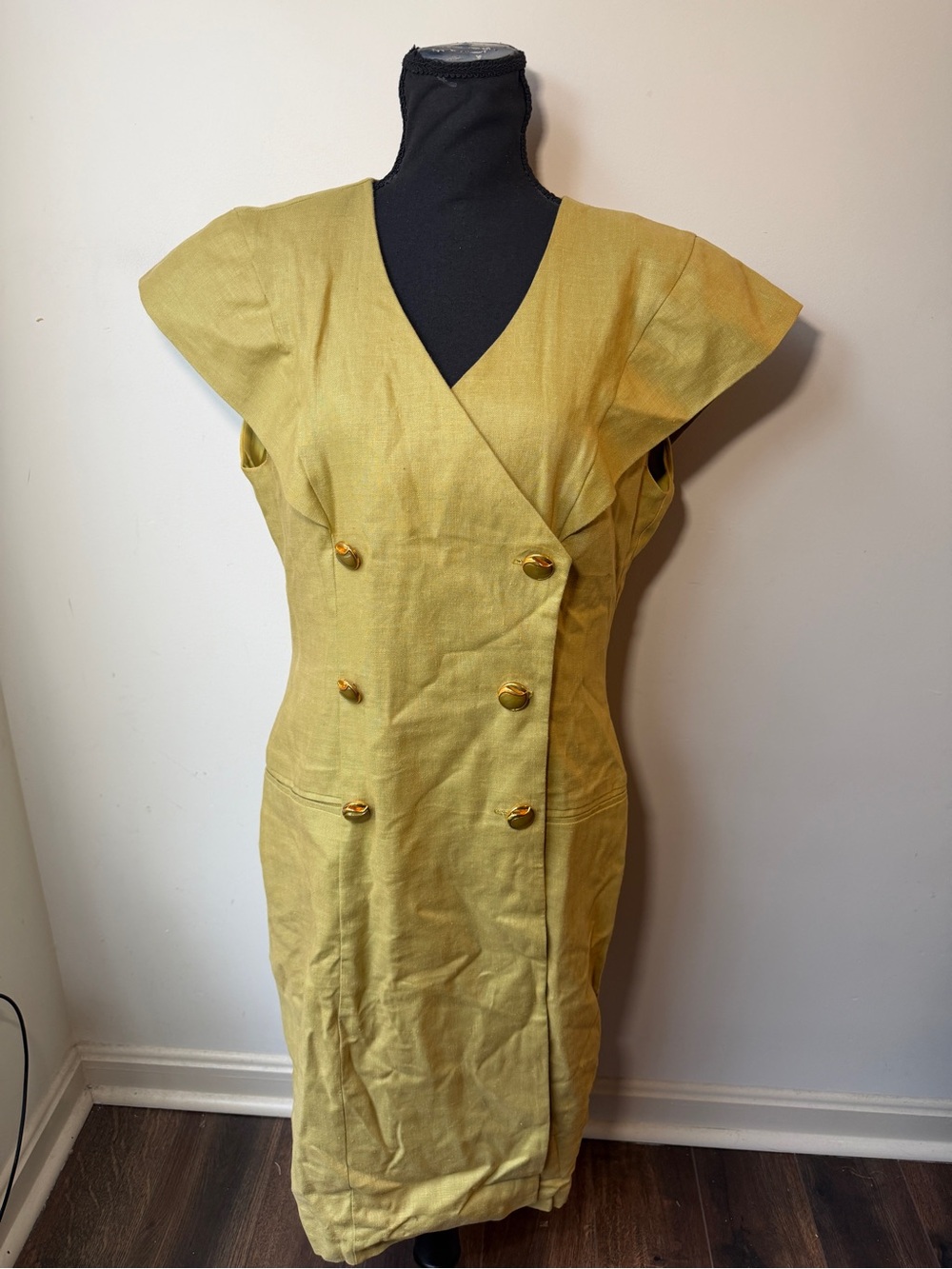Ronet Paris Roma New York Linen Blend Wrap Sheath Dress Gold Size 14 Vintage